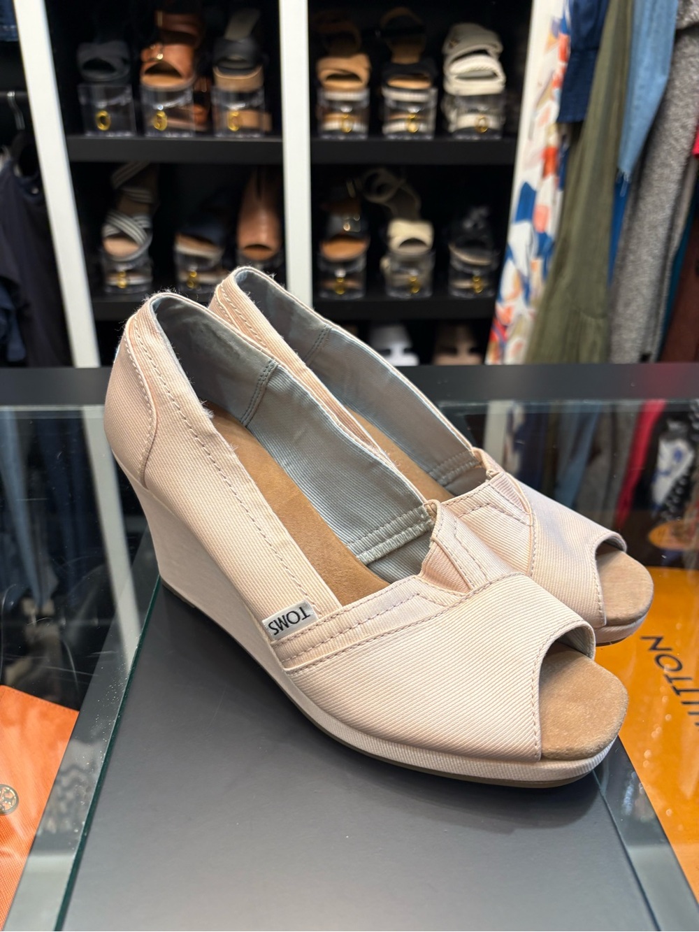 TOMS Women's Blush Peep-Toe Canvas Wedge Espadrilles